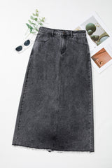 Dark Grey Denim Raw Hem Back Split High Waist Long Skirt Skirts & Petticoat JT's Designer Fashion