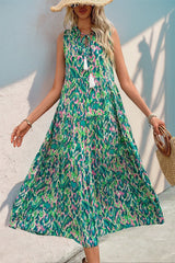 Tassel Printed Tie Neck Sleeveless Dress Turquoise Maxi Dresses JT's Designer Fashion