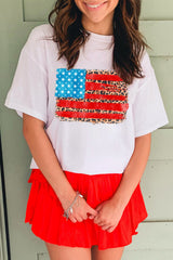 White Leopard Insert American Flag Pattern Cotton Blend T Shirt Graphic Tees JT's Designer Fashion