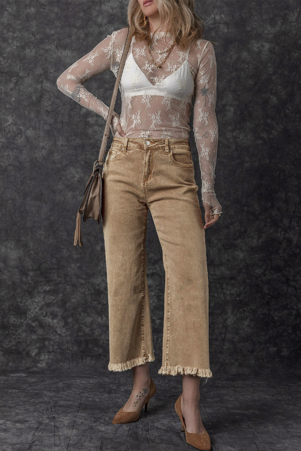 Light French Beige Acid Washed High Rise Cropped Wide Leg Jeans Jeans JT's Designer Fashion