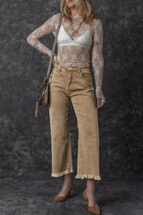 Light French Beige Acid Washed High Rise Cropped Wide Leg Jeans Jeans JT's Designer Fashion