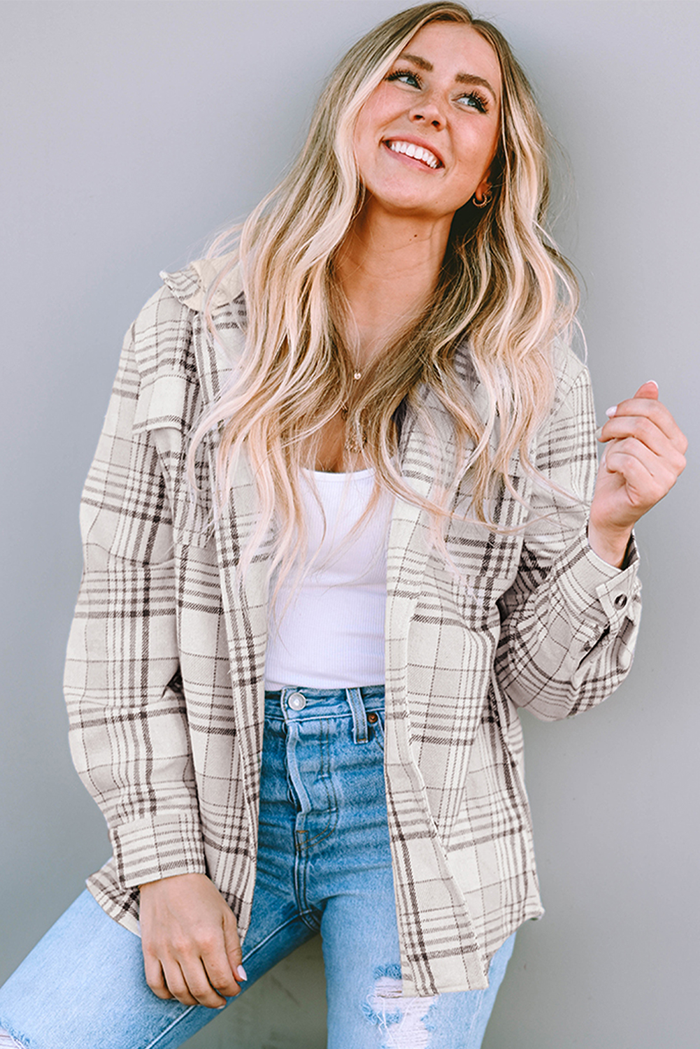 Khaki Plaid Removable Hood Buttoned Shacket Plaid Shackets JT's Designer Fashion