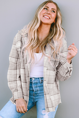 Khaki Plaid Removable Hood Buttoned Shacket Plaid Shackets JT's Designer Fashion