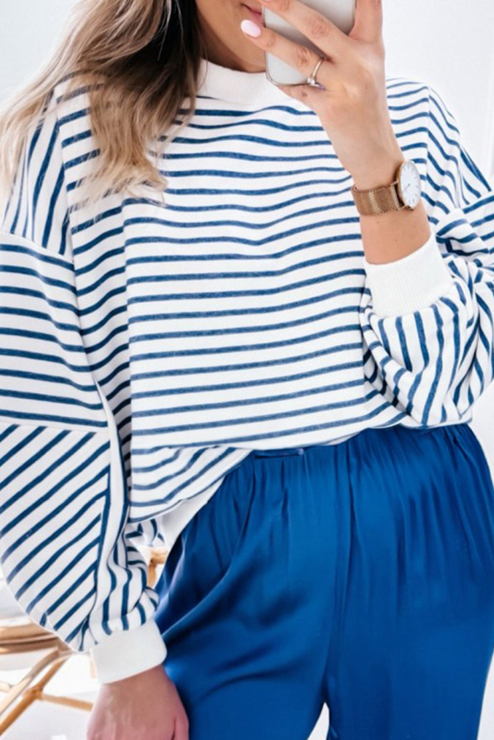 Blue Stripe Drop Shoulder Crew Neck Loose Sweatshirt Sweatshirts & Hoodies JT's Designer Fashion