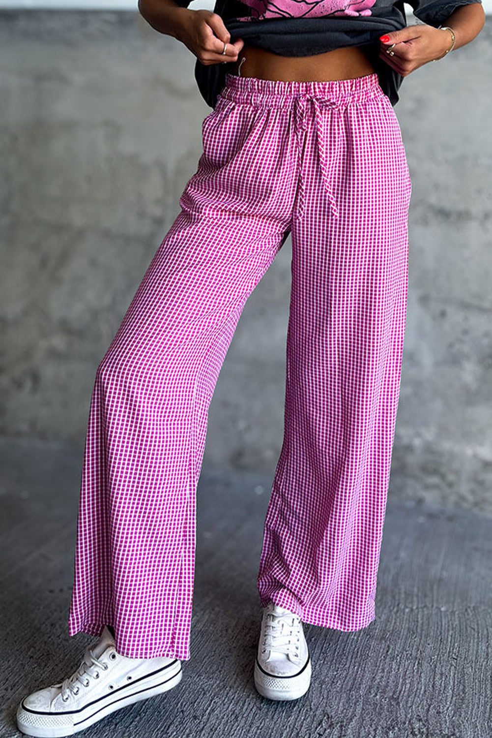 Pink Plaid Print Drawstring High Waist Wide Leg Casual Pants Pants & Culotte JT's Designer Fashion