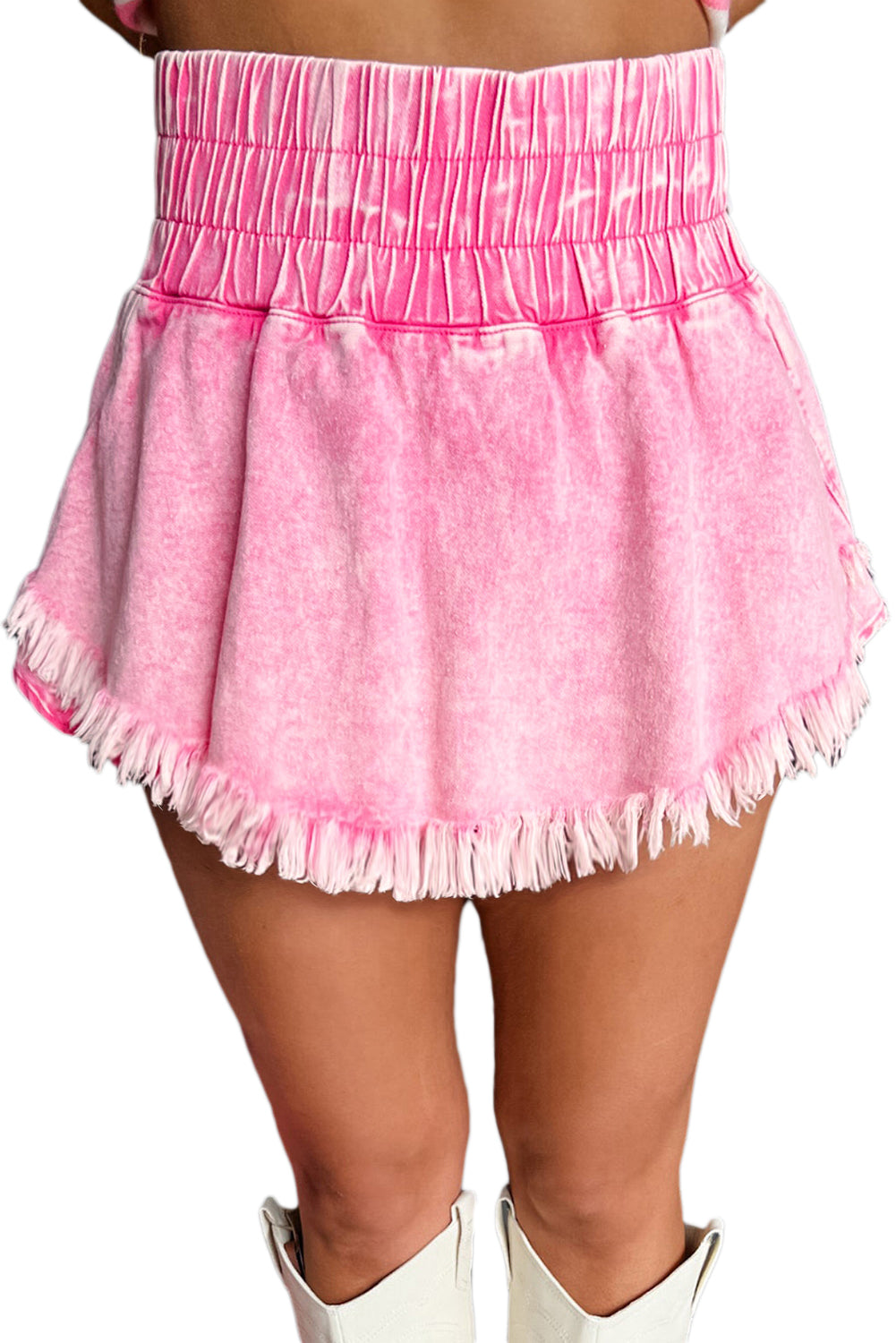 Pink Washed Wide Smocked Waistband Frayed Denim Shorts Denim Shorts JT's Designer Fashion