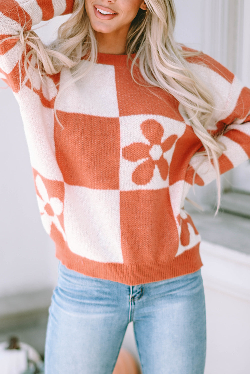 Brown Checkered Floral Print Striped Sleeve Sweater Sweaters JT's Designer Fashion