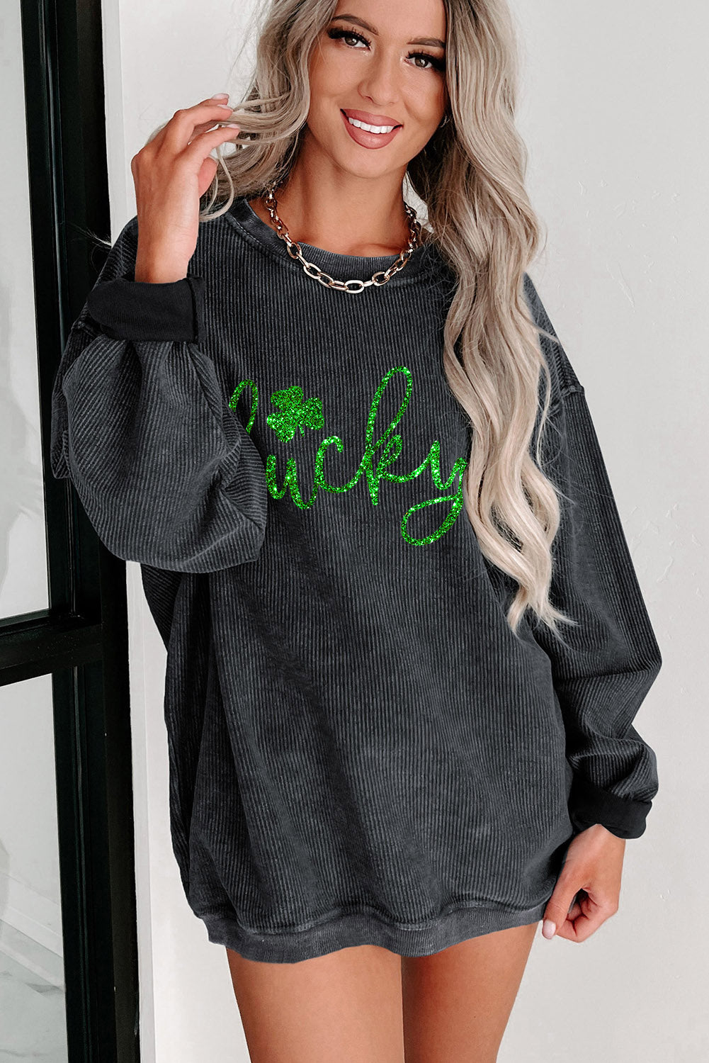 Black Shiny Lucky Clover Corded Drop Shoulder Sweatshirt Graphic Sweatshirts JT's Designer Fashion