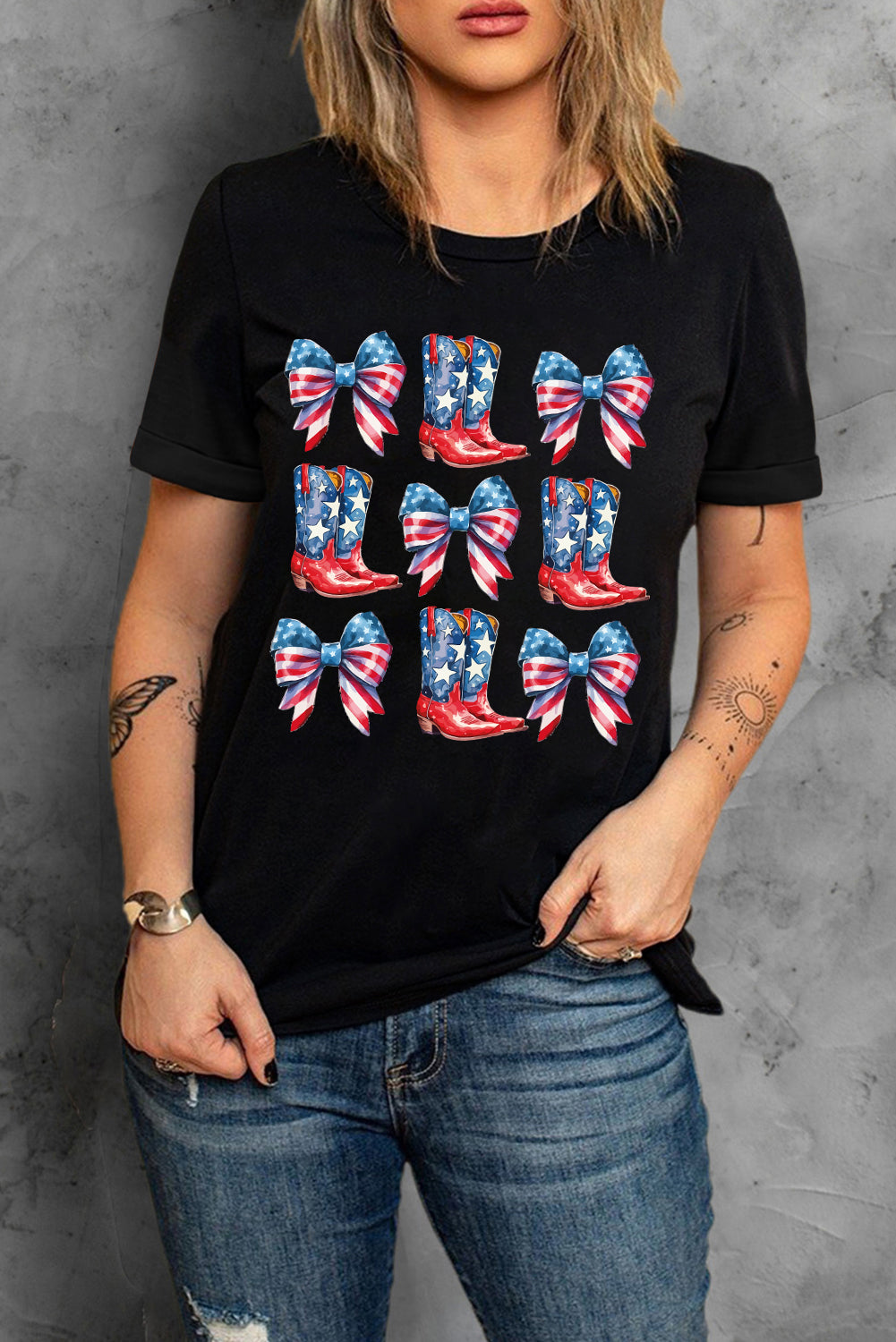 Black Stars and Stripes Bowknot Cowgirl Boots Graphic Patriotic Tee Graphic Tees JT's Designer Fashion