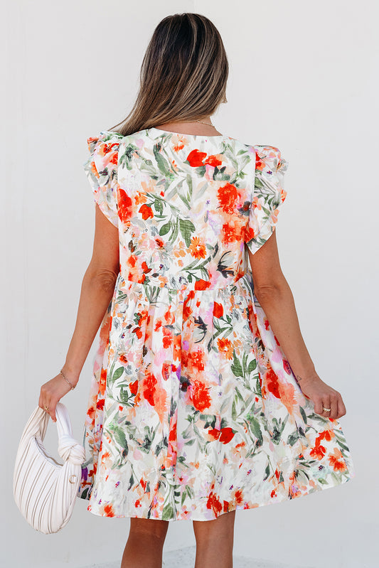 Pink Floral Double Ruffle Sleeve V Neck High Waist Mini Dress Floral Dresses JT's Designer Fashion