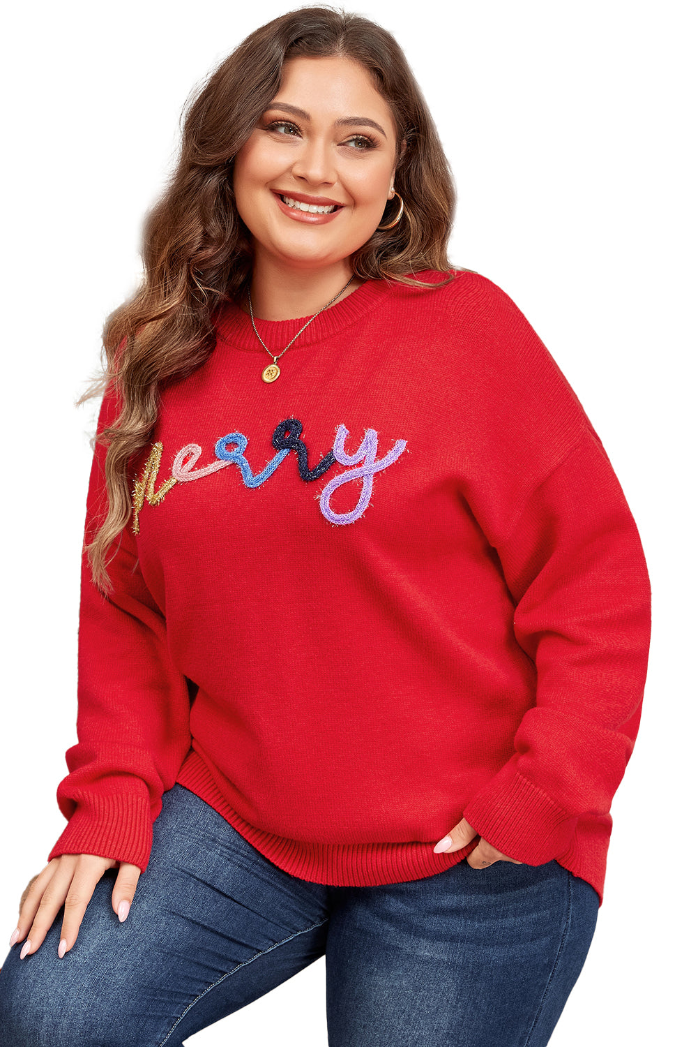 Fiery Red Tinsel merry Pattern Drop Shoulder Plus Size Sweater Plus Size Sweaters & Cardigans JT's Designer Fashion
