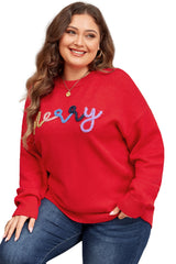 Fiery Red Tinsel merry Pattern Drop Shoulder Plus Size Sweater Plus Size Sweaters & Cardigans JT's Designer Fashion