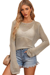 Khaki Hollow-out Knit Long Sleeve Top Long Sleeve Tops JT's Designer Fashion