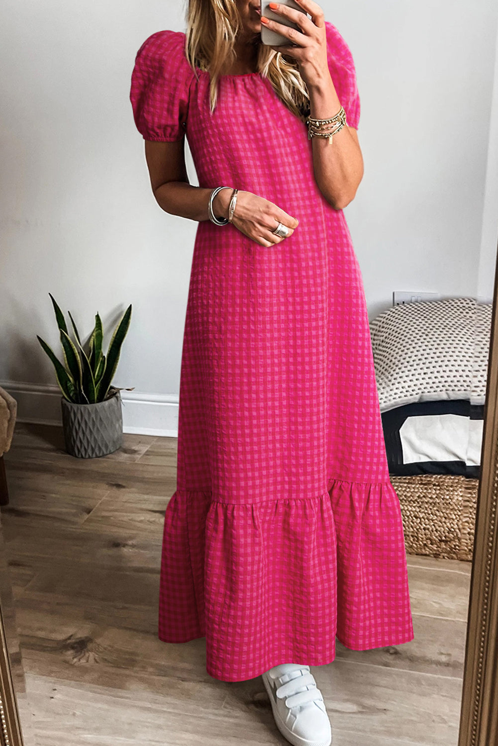 Rose Ginham Check Bubble Sleeve Ruffled Long Dress Rose 50%Polyester+50%Cotton Maxi Dresses JT's Designer Fashion