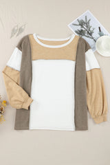 Khaki Exposed Seam Color Block Patchwork Top Long Sleeve Tops JT's Designer Fashion