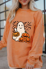 Orange Halloween Ghost Pumpkin Bat Print Corded Pullover Sweatshirt Graphic Sweatshirts JT's Designer Fashion
