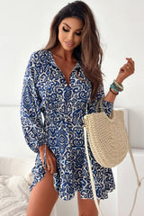 Blue Vintage Print Lace up V Neck Long Sleeve Mini Dress Mini Dresses JT's Designer Fashion