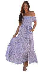 Purple Floral Short Bubble Sleeve Shirred High Waist Long Dress Maxi Dresses JT's Designer Fashion