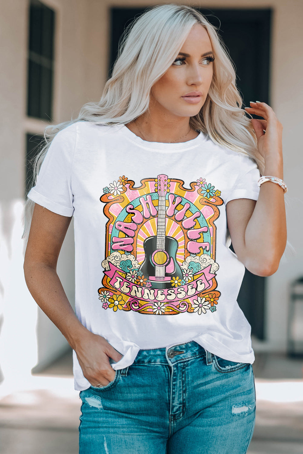 White NASHIVILLE Guitar Graphic Country Music T Shirt Graphic Tees JT's Designer Fashion