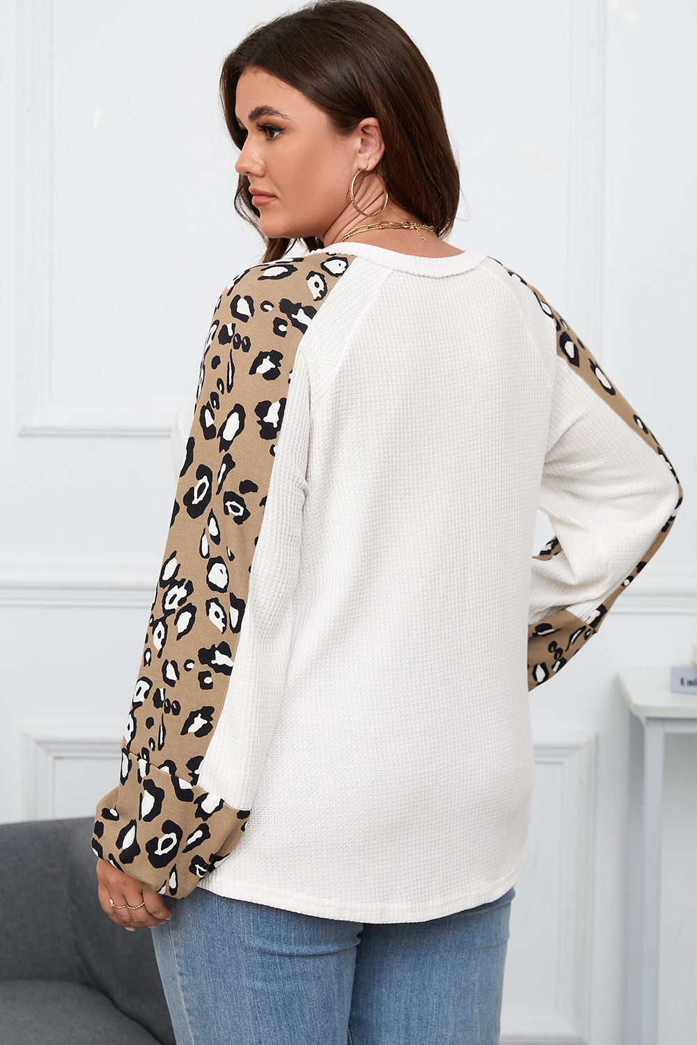 Beige Printed Plus Waffle Knit Contrast Leopard Long Sleeve Top Plus Size JT's Designer Fashion