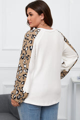 Beige Printed Plus Waffle Knit Contrast Leopard Long Sleeve Top Plus Size JT's Designer Fashion