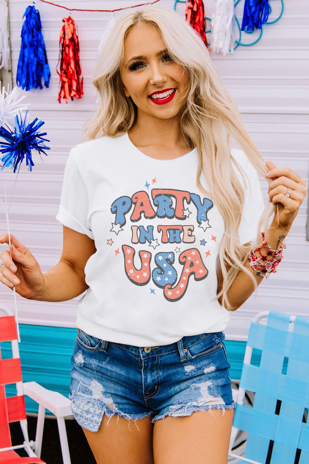 White PARTY IN THE USA Flag Fashion Graphic Tee Graphic Tees JT's Designer Fashion