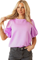 Phalaenopsis Solid Textured O Neck Puff Sleeve Blouse Blouses & Shirts JT's Designer Fashion