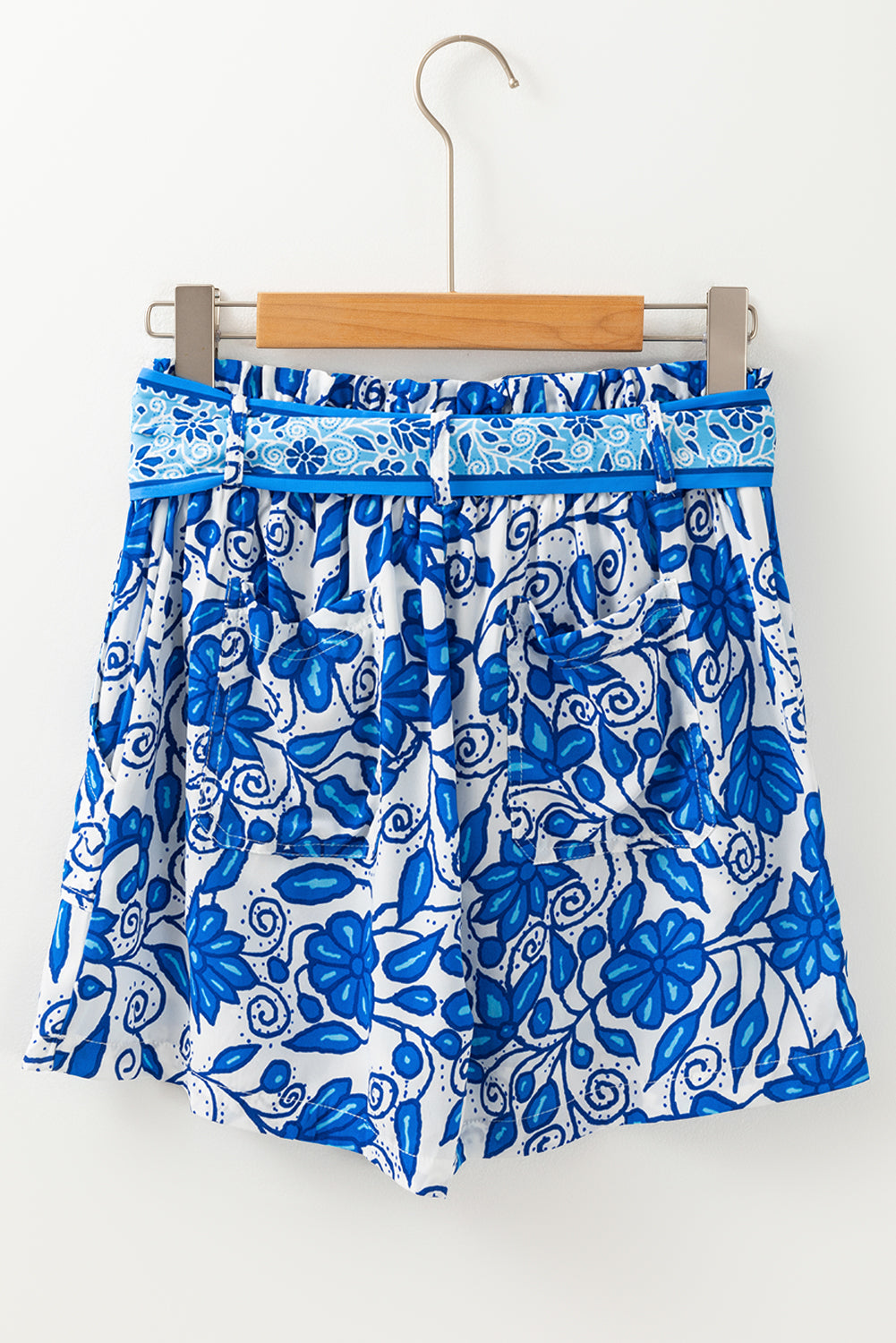 Blue Floral Print Pocketed Front Knot High Waist Casual Shorts Casual Shorts JT's Designer Fashion