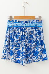 Blue Floral Print Pocketed Front Knot High Waist Casual Shorts Casual Shorts JT's Designer Fashion