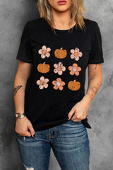 Black Pumpkin Flower Print Short Sleeve Graphic Top Graphic Tees JT's Designer Fashion
