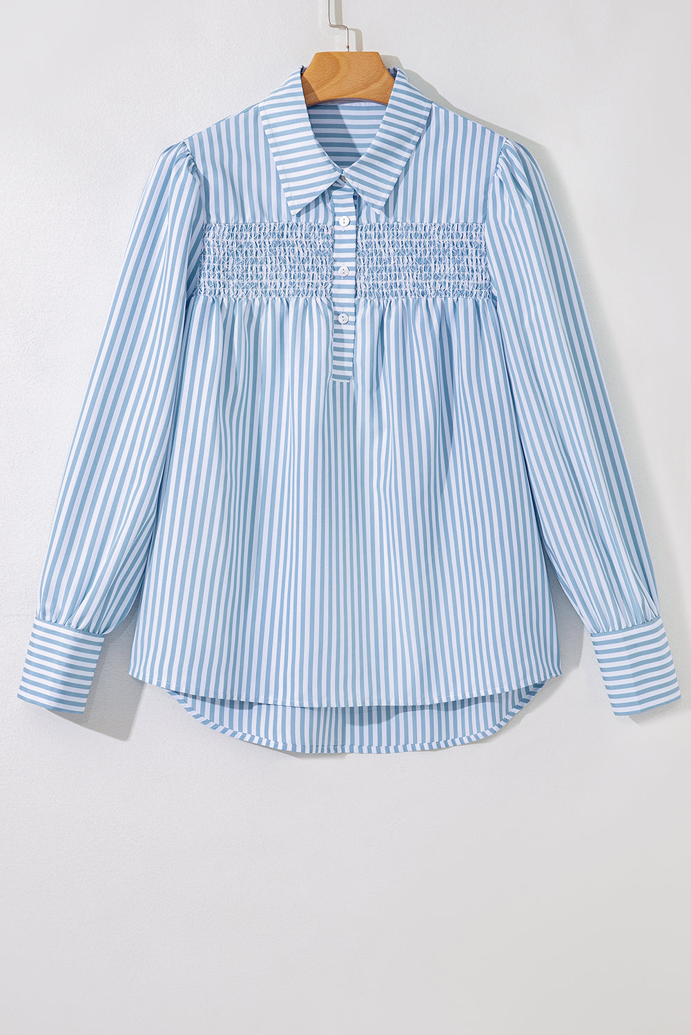 Sky Blue Stripe Shirred Detail Half Placket Collared Long Sleeve Fall Shirt Blouses & Shirts JT's Designer Fashion