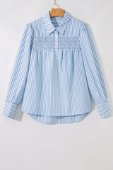 Sky Blue Stripe Shirred Detail Half Placket Collared Long Sleeve Fall Shirt Blouses & Shirts JT's Designer Fashion
