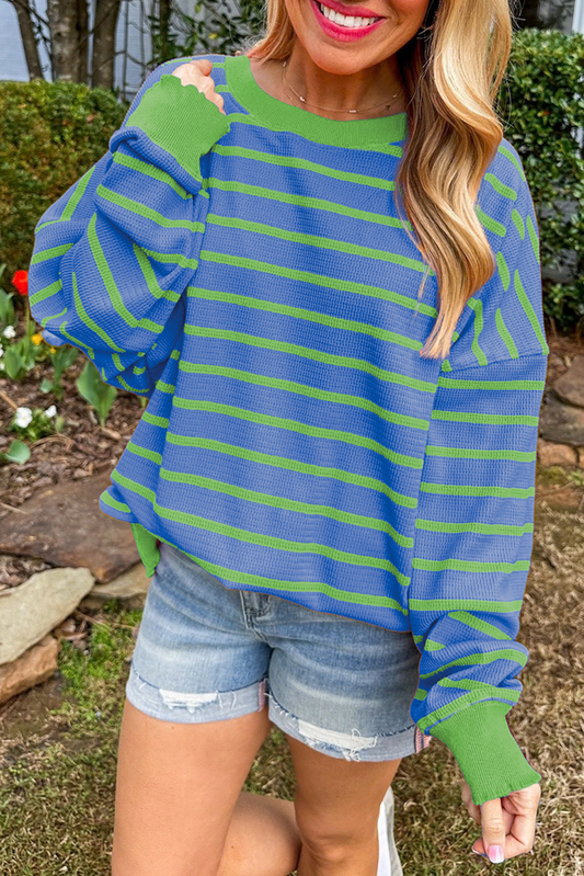 Sky Blue Stripe Trimmed Round Neck Drop Shoulder Loose Sweater Sky Blue Stripe 50%Viscose+28%Polyester+22%Polyamide Sweaters JT's Designer Fashion