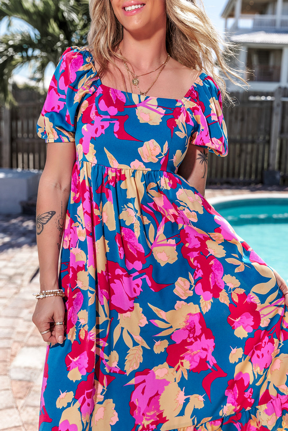 Dark Blue Square Neck Bubble Sleeve Ruffled Floral Dress Floral Dresses JT's Designer Fashion