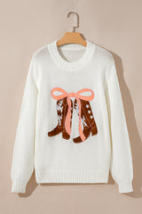 White Embroidered Bow Boots Graphic Drop Shoulder Sweater Sweaters JT's Designer Fashion