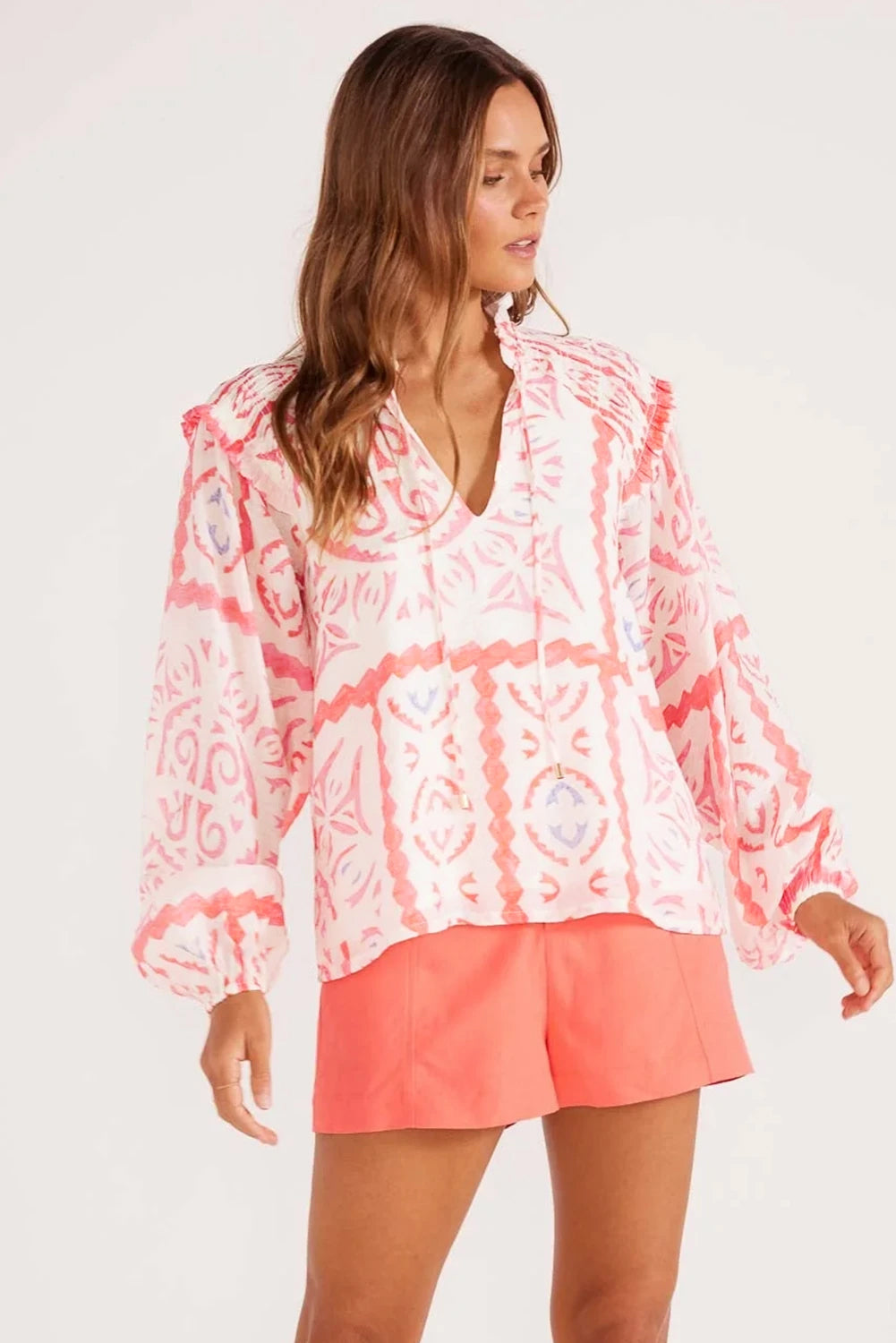 Desert Flower Vintage Print Smocked Poet Collar Billowy Blouson Sleeves Blouse Blouses & Shirts JT's Designer Fashion
