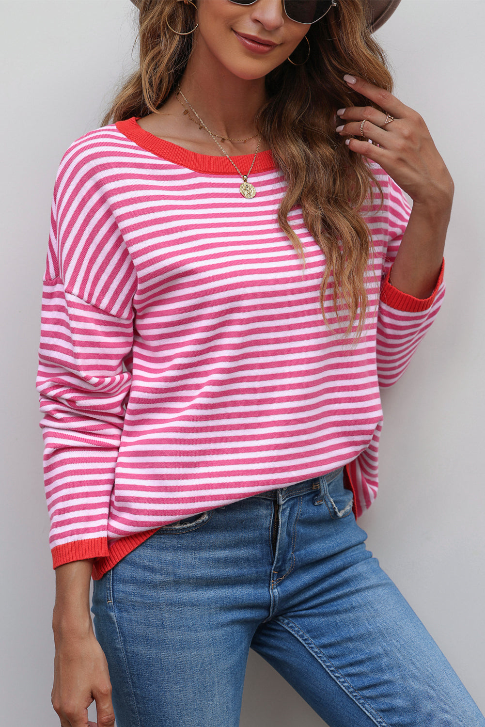 Pink Contrast Trimmed Striped Drop Shoulder Sweater Sweaters JT's Designer Fashion