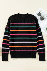 Black Colorful Striped Ribbed Trim Sweater Sweaters JT's Designer Fashion
