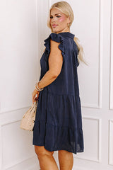 Navy Blue Collared V Neck Flutter Sleeve Tiered Plus Size Dress Plus Size Mini Dresses JT's Designer Fashion