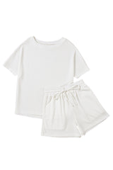 White Casual Textured Tee and Drawstring Shorts Set Short Sets JT's Designer Fashion