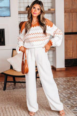 Khaki Zigzag Geometric Pattern Knitted Pullover Sweater Sweaters JT's Designer Fashion