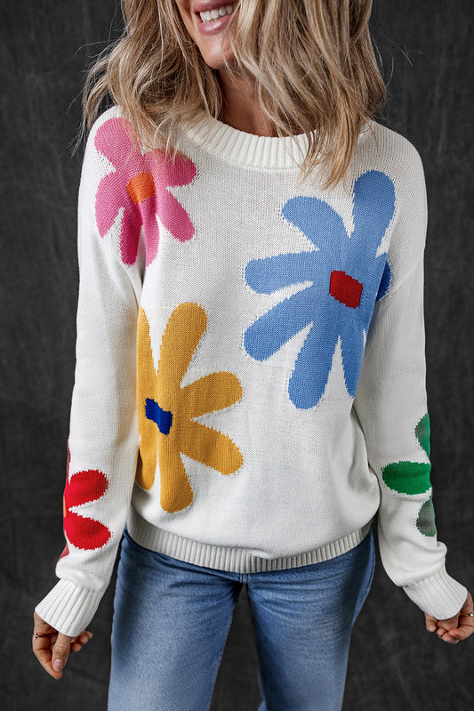 White Colorful Big Flower Pattern Crewneck Sweater White 55%Acrylic+45%Cotton Sweaters JT's Designer Fashion
