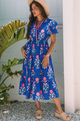 Sky Blue Floral Puff Short Sleeve V Neck High Waist Maxi Dress Floral Dresses JT's Designer Fashion