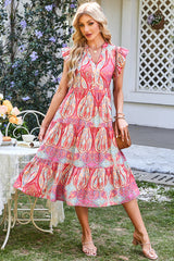 Rose Tribal Paisley Print Ruffled Sleeve Notch Neck Midi Dress Floral Dresses JT's Designer Fashion