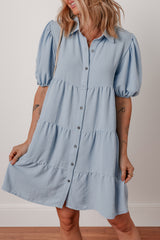 Beau Blue Shirt Collar Button Up Short Puff Sleeve Tiered Shift Dress Mini Dresses JT's Designer Fashion
