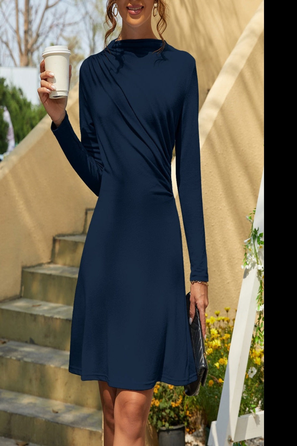 Ruched Mock Neck Long Sleeve Dress Navy Mini Dresses JT's Designer Fashion