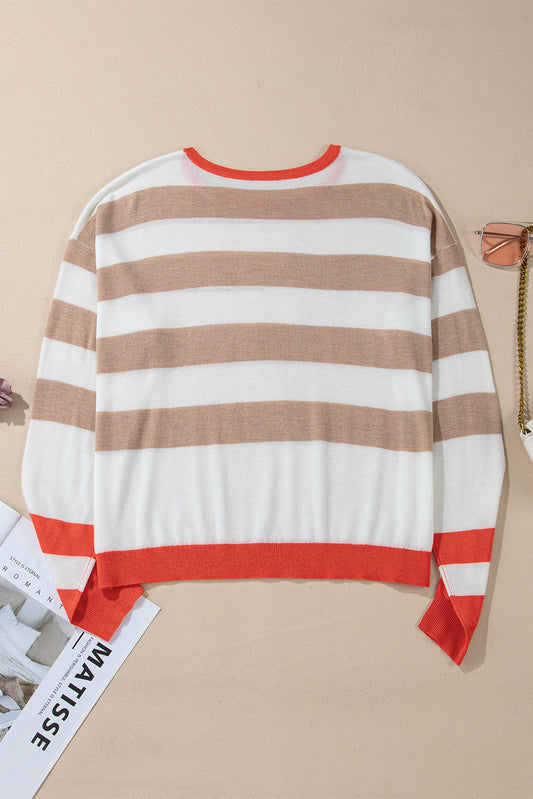 Apricot Colorblock Striped Round Neck Drop Shoulder Sweater Sweaters JT's Designer Fashion