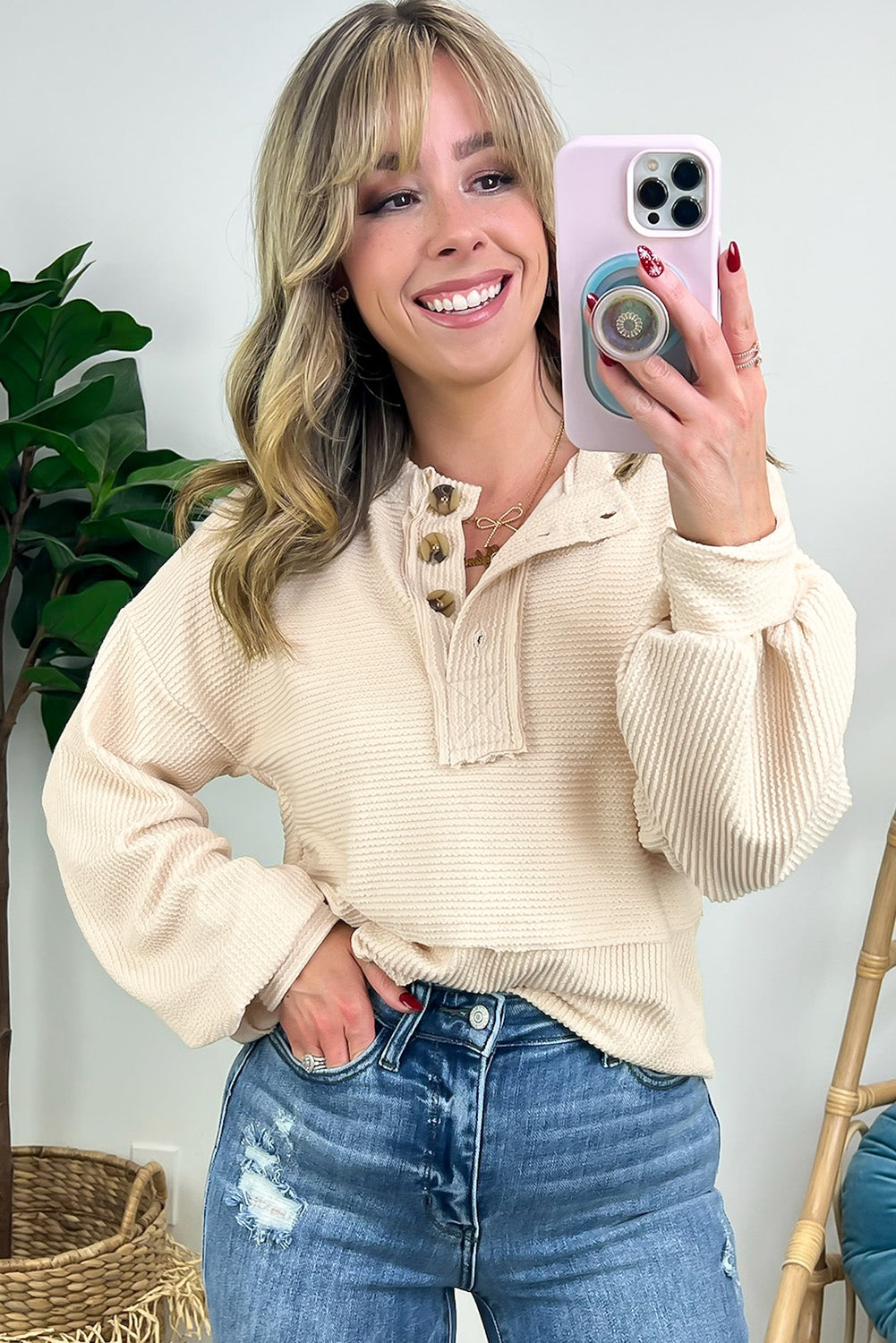 Apricot Corded Texture Lantern Sleeve Buttons Henley Sweatshirt Sweatshirts & Hoodies JT's Designer Fashion