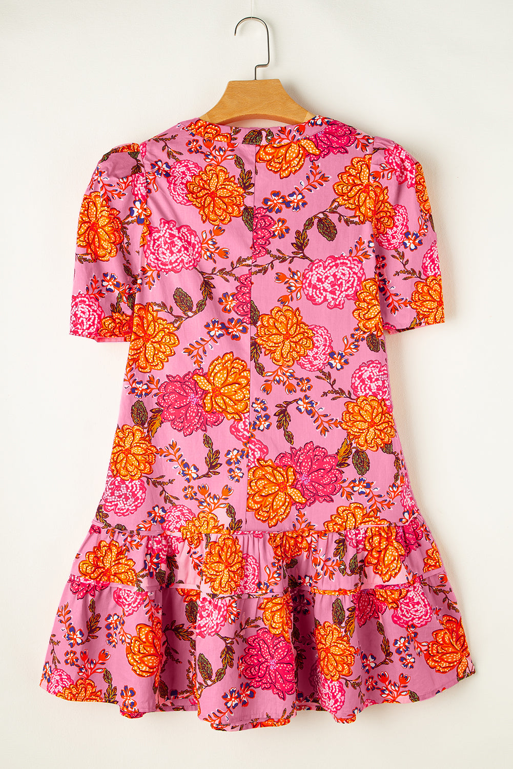 Pink Floral Bubble Sleeve V Neck Ruffled Mini Dress Floral Dresses JT's Designer Fashion