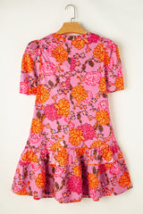 Pink Floral Bubble Sleeve V Neck Ruffled Mini Dress Floral Dresses JT's Designer Fashion